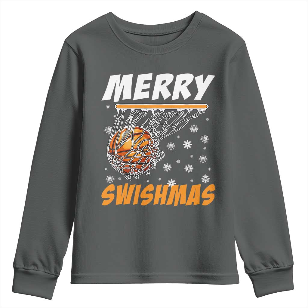 Funny Christmas Basketball Youth Sweatshirt Merry Swishmas Xmas Swish Technique TS11 Dark Heather Print Your Wear