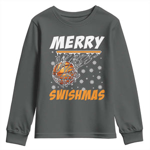Funny Christmas Basketball Youth Sweatshirt Merry Swishmas Xmas Swish Technique TS11 Dark Heather Print Your Wear