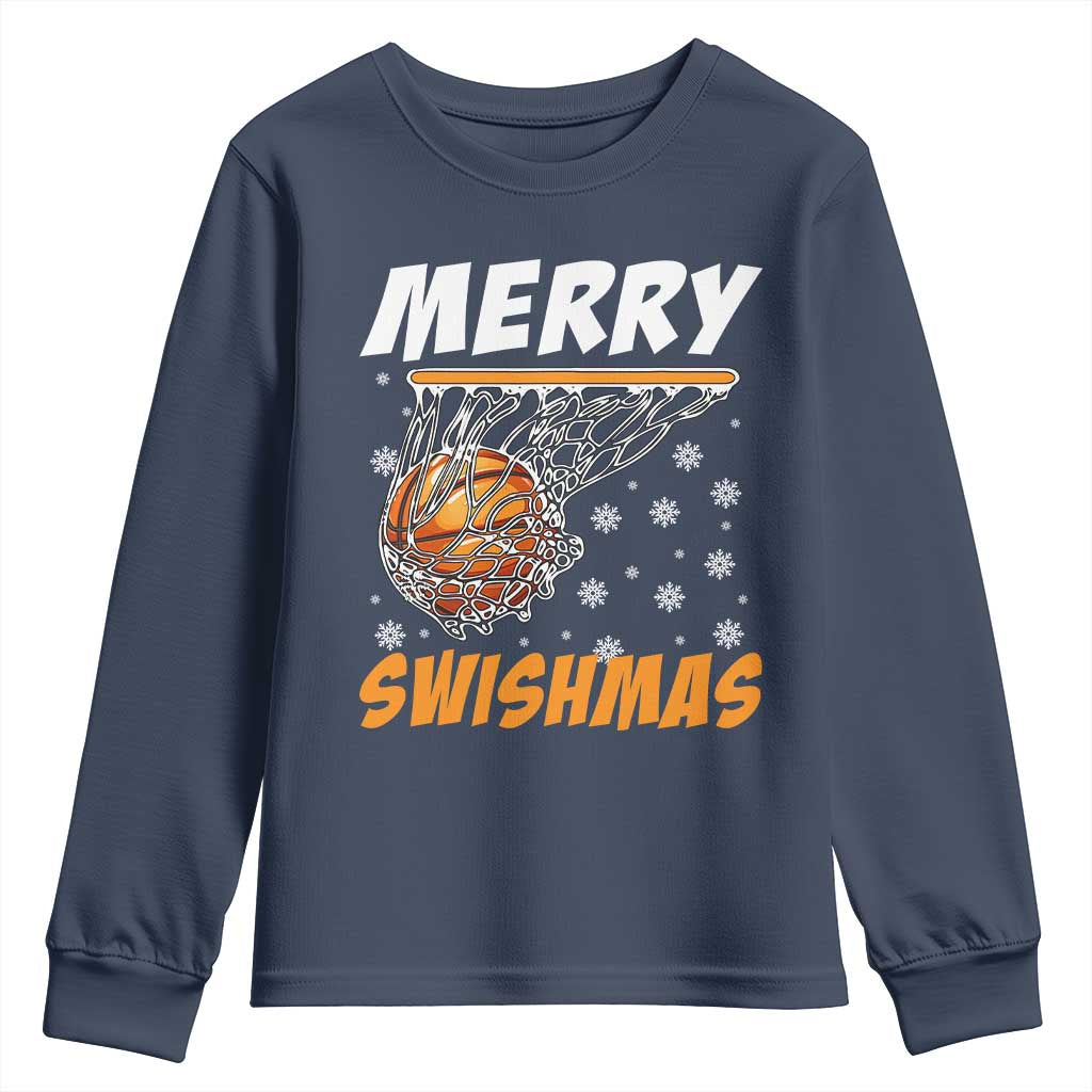 Funny Christmas Basketball Youth Sweatshirt Merry Swishmas Xmas Swish Technique TS11 Navy Print Your Wear