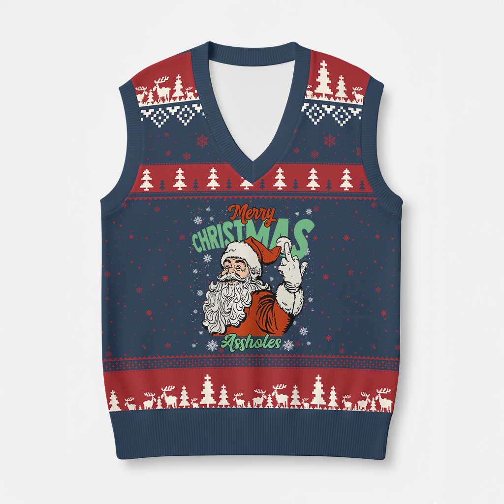 Funny Merry Christmas Assholes V-Neck Knit Sweater Vest Xmas Naughty Santa Adult Jokes TS11 Navy Red Print Your Wear