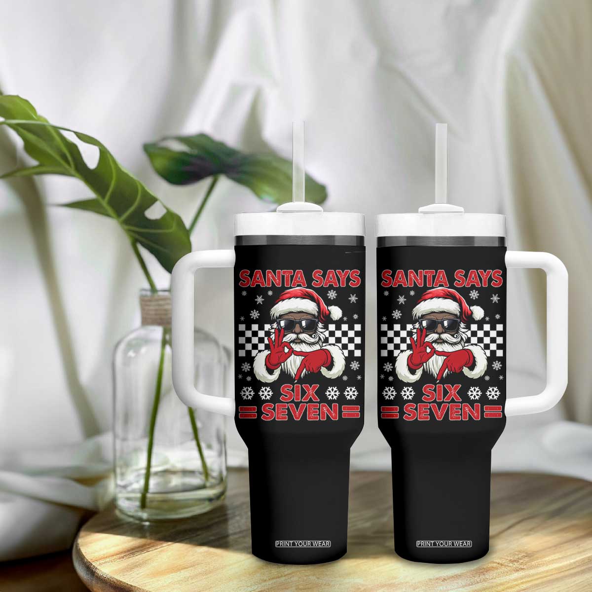 67 African American Santa Christmas Tumbler With Handle Funny Santa Says Six Seven Meme Gen Alpha Slang TS11 Print Your Wear