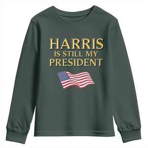Kamala Supporter 2024 Youth Sweatshirt Harris Is Still My President American Flag US Election TS11 Dark Forest Green Print Your Wear