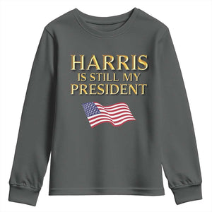 Kamala Supporter 2024 Youth Sweatshirt Harris Is Still My President American Flag US Election TS11 Dark Heather Print Your Wear