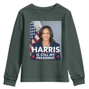 Kamala Supporter 2024 Youth Sweatshirt Harris Is Still My President American Flag TS11 Dark Forest Green Print Your Wear