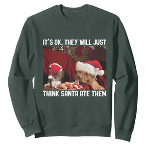 Funny Christmas Dog And Cat Sweatshirt It's Ok They Will Just Think Santa Ate Them TS11 Dark Forest Green Print Your Wear