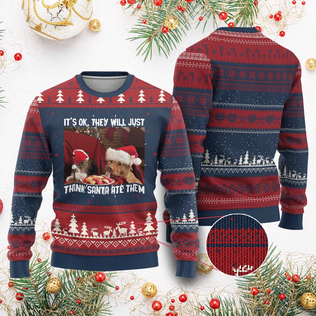 Funny Xmas Dog And Cat Ugly Christmas Sweater It's Ok They Will Just Think Santa Ate Them TS11 Burgundy Print Your Wear