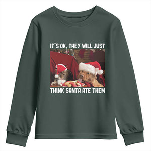 Funny Christmas Dog And Cat Youth Sweatshirt It's Ok They Will Just Think Santa Ate Them TS11 Dark Forest Green Print Your Wear