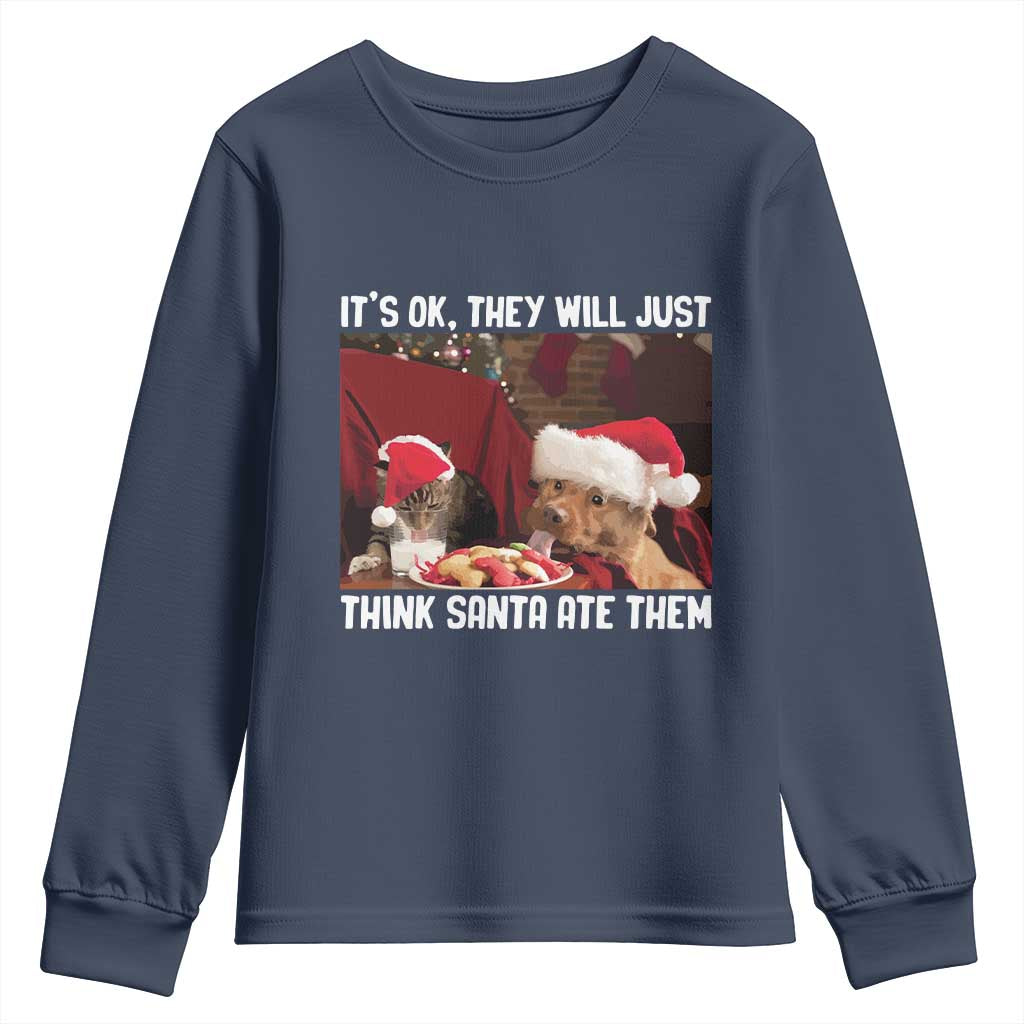 Funny Christmas Dog And Cat Youth Sweatshirt It's Ok They Will Just Think Santa Ate Them TS11 Navy Print Your Wear