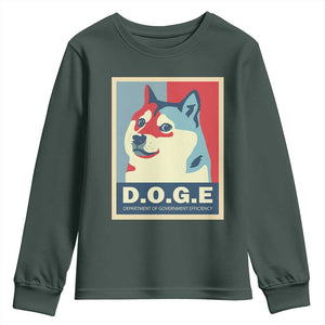 Trump Musk DOGE Youth Sweatshirt Department Of Government Efficiency Vintage Meme Inu Dog TS11 Dark Forest Green Print Your Wear