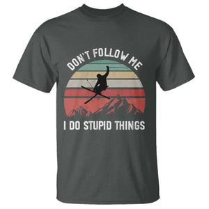 Funny Skiing T Shirt - Don't Follow Me I Do Stupid Things Retro Vintage Skier Humor Tee TS11 Dark Heather Print Your Wear