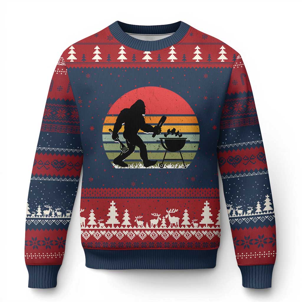 Funny Retro Bigfoot Grilling BBQ Chef Ugly Christmas Sweater TS11 Navy Red Print Your Wear