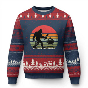 Funny Retro Bigfoot Grilling BBQ Chef Ugly Christmas Sweater TS11 Navy Red Print Your Wear