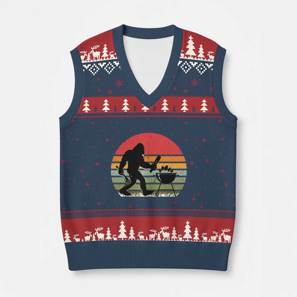 Funny Retro Bigfoot Grilling BBQ Chef V-Neck Knit Sweater Vest TS11 Navy Red Print Your Wear