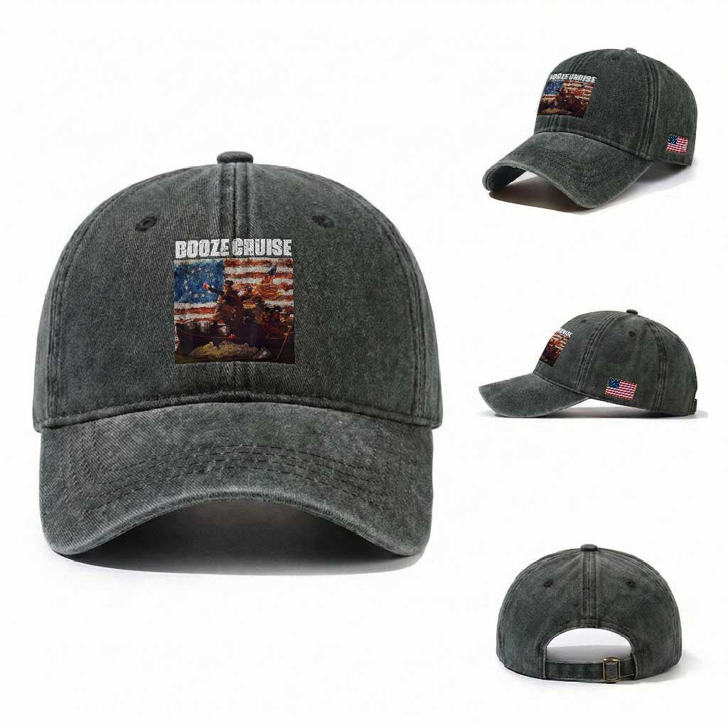 Funny George Washington Washed Cotton Baseball Cap Booze Cruise Political Party Vintage American Flag TS11 Washed Cap Universal Fit Dark Green Print Your Wear