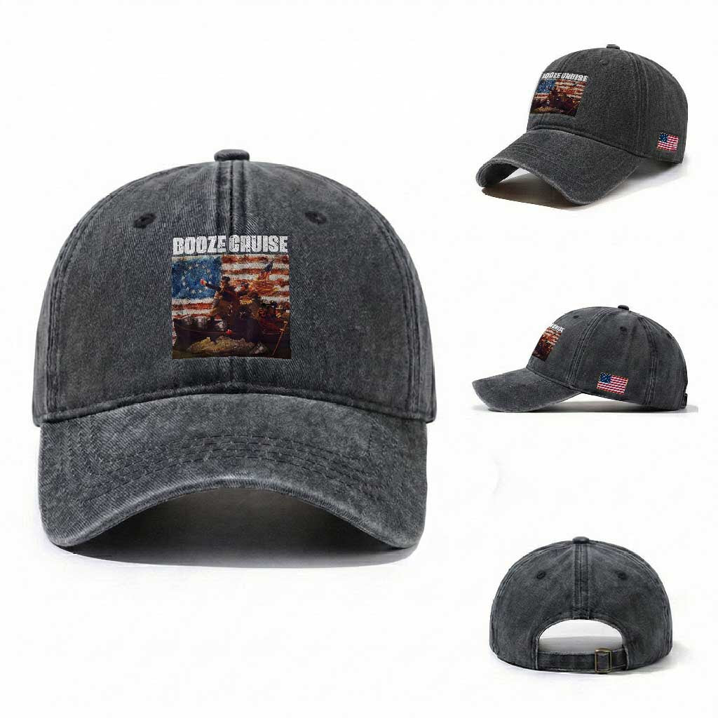 Funny George Washington Washed Cotton Baseball Cap Booze Cruise Political Party Vintage American Flag TS11 Washed Cap Universal Fit Dark Gray Print Your Wear