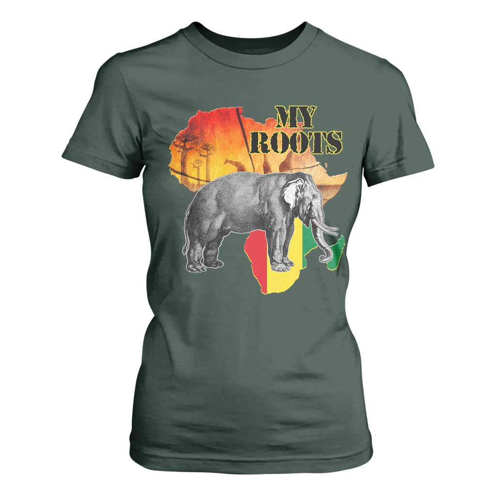 Africa Roots T Shirt For Women My Roots Africa Map Black History Elephant TS11 Dark Forest Green Print Your Wear