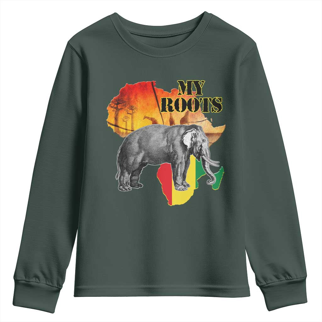 Africa Roots Youth Sweatshirt My Roots Africa Map Black History Elephant TS11 Dark Forest Green Print Your Wear
