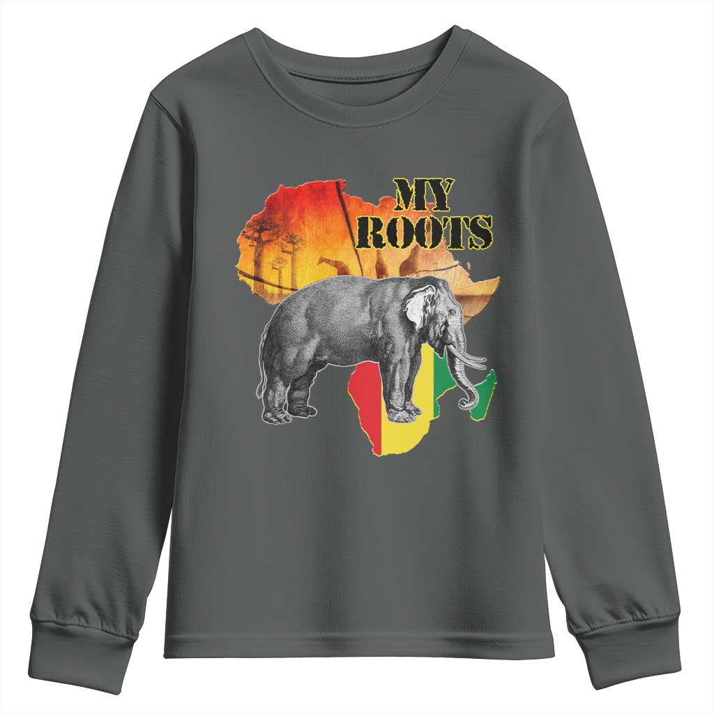 Africa Roots Youth Sweatshirt My Roots Africa Map Black History Elephant TS11 Dark Heather Print Your Wear