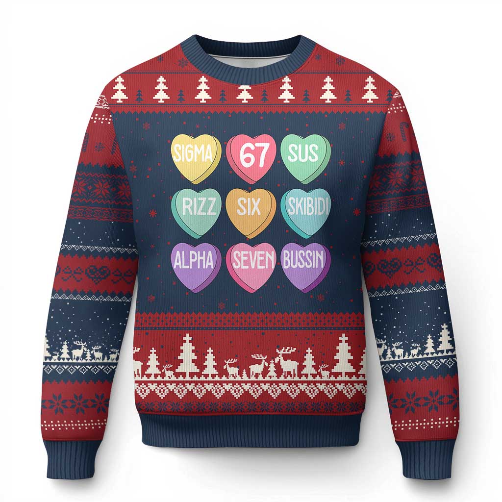 Funny Valentines Day 67 Meme Six Seven Sigma Rizz Heart Kids Ugly Christmas Sweater TS11 Navy Red Print Your Wear