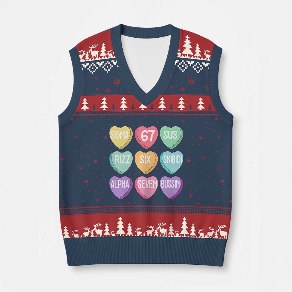 Funny Valentines Day 67 Meme Six Seven Sigma Rizz Heart Kids V-Neck Knit Sweater Vest TS11 Navy Red Print Your Wear