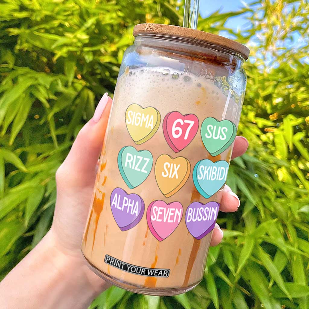 Funny Valentines Day 67 Meme Six Seven Sigma Rizz Heart Kids Glass Can TS11 Black Print Your Wear
