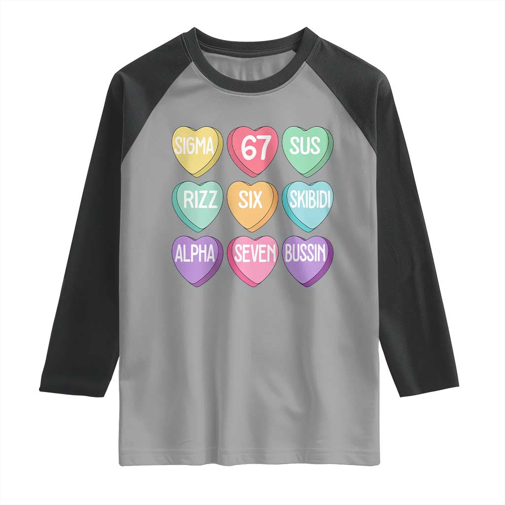 Funny Valentines Day 67 Meme Six Seven Sigma Rizz Heart Kids Raglan Shirt TS11 Sport Gray Black Print Your Wear