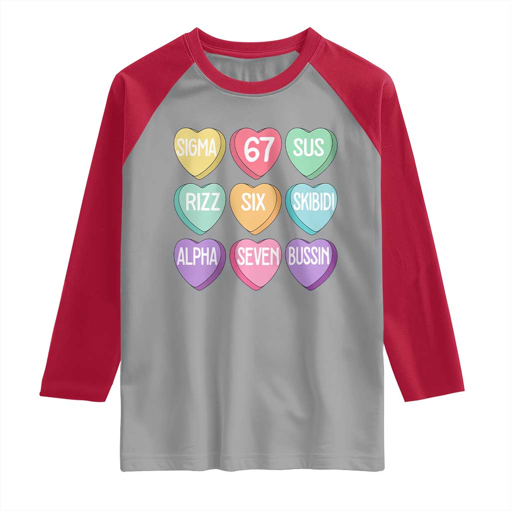 Funny Valentines Day 67 Meme Six Seven Sigma Rizz Heart Kids Raglan Shirt TS11 Sport Gray Red Print Your Wear