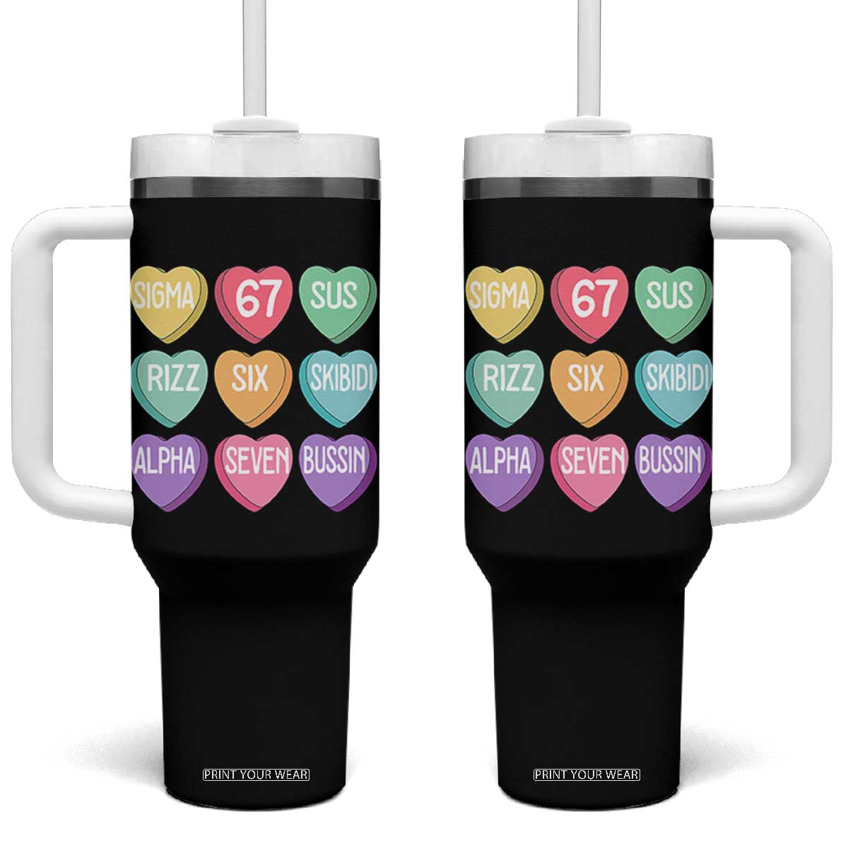 Funny Valentines Day 67 Meme Six Seven Sigma Rizz Heart Kids Tumbler With Handle TS11 One Size: 40 oz Black Print Your Wear