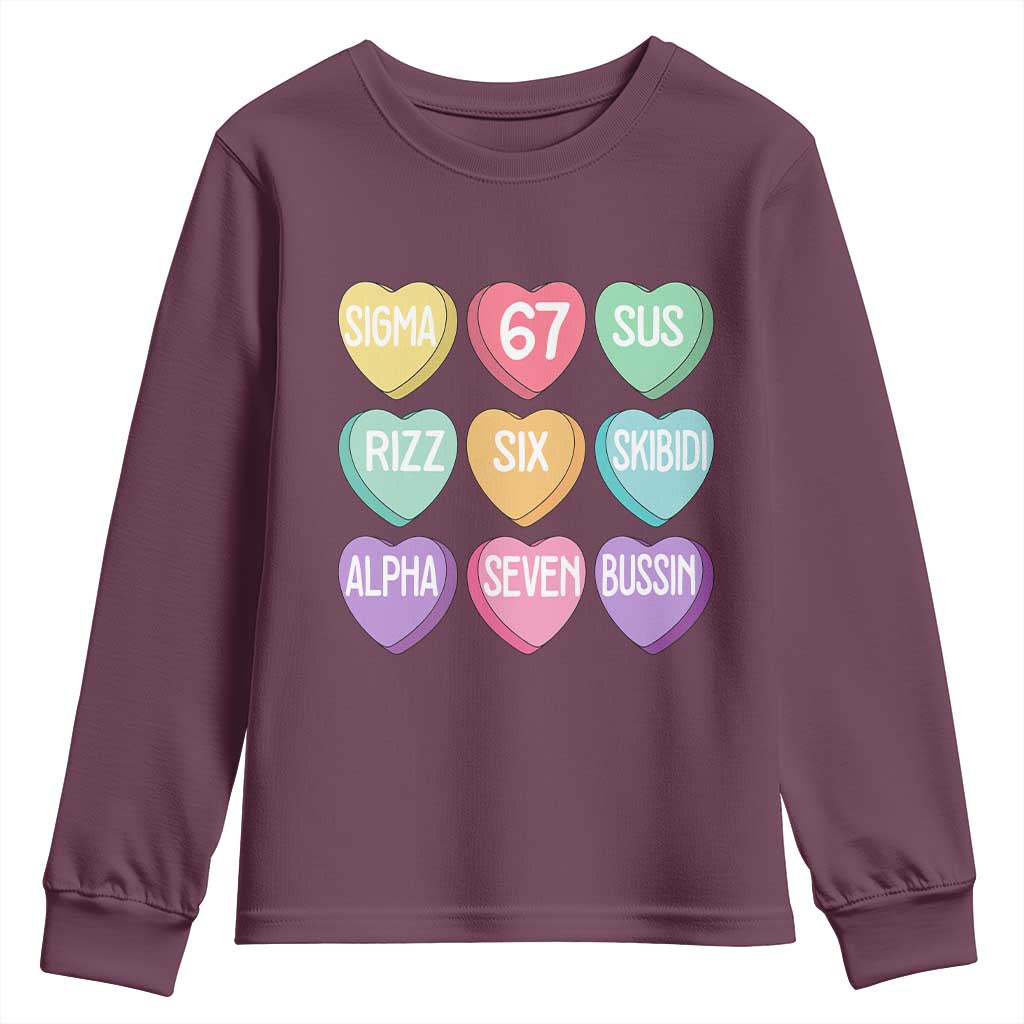 Funny Valentines Day 67 Meme Six Seven Sigma Rizz Heart Kids Youth Sweatshirt TS11 Maroon Print Your Wear