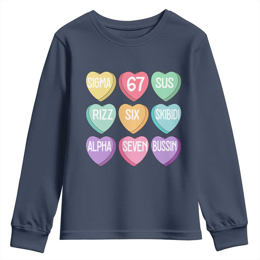 Funny Valentines Day 67 Meme Six Seven Sigma Rizz Heart Kids Youth Sweatshirt TS11 Navy Print Your Wear