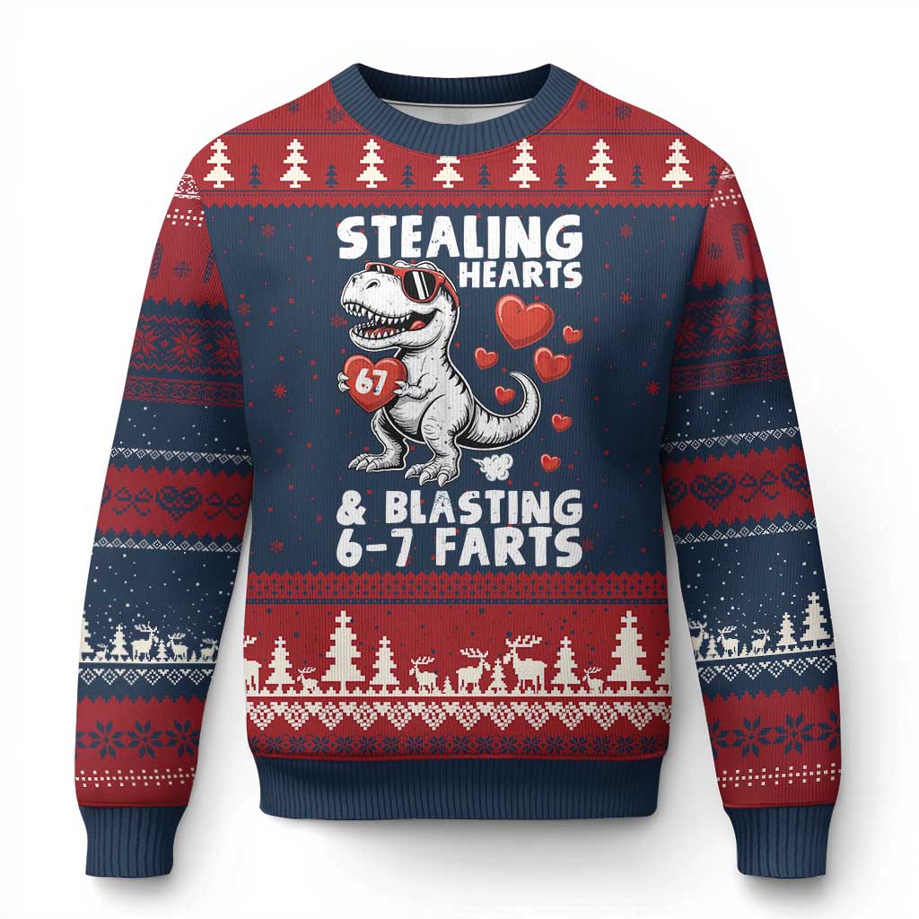 Funny 67 Meme Valentines Day Dinosaur Ugly Christmas Sweater Stealing Hearts And Blasting 67 Farts TS11 Navy Red Print Your Wear