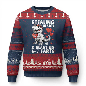 Funny 67 Meme Valentines Day Dinosaur Ugly Christmas Sweater Stealing Hearts And Blasting 67 Farts TS11 Navy Red Print Your Wear