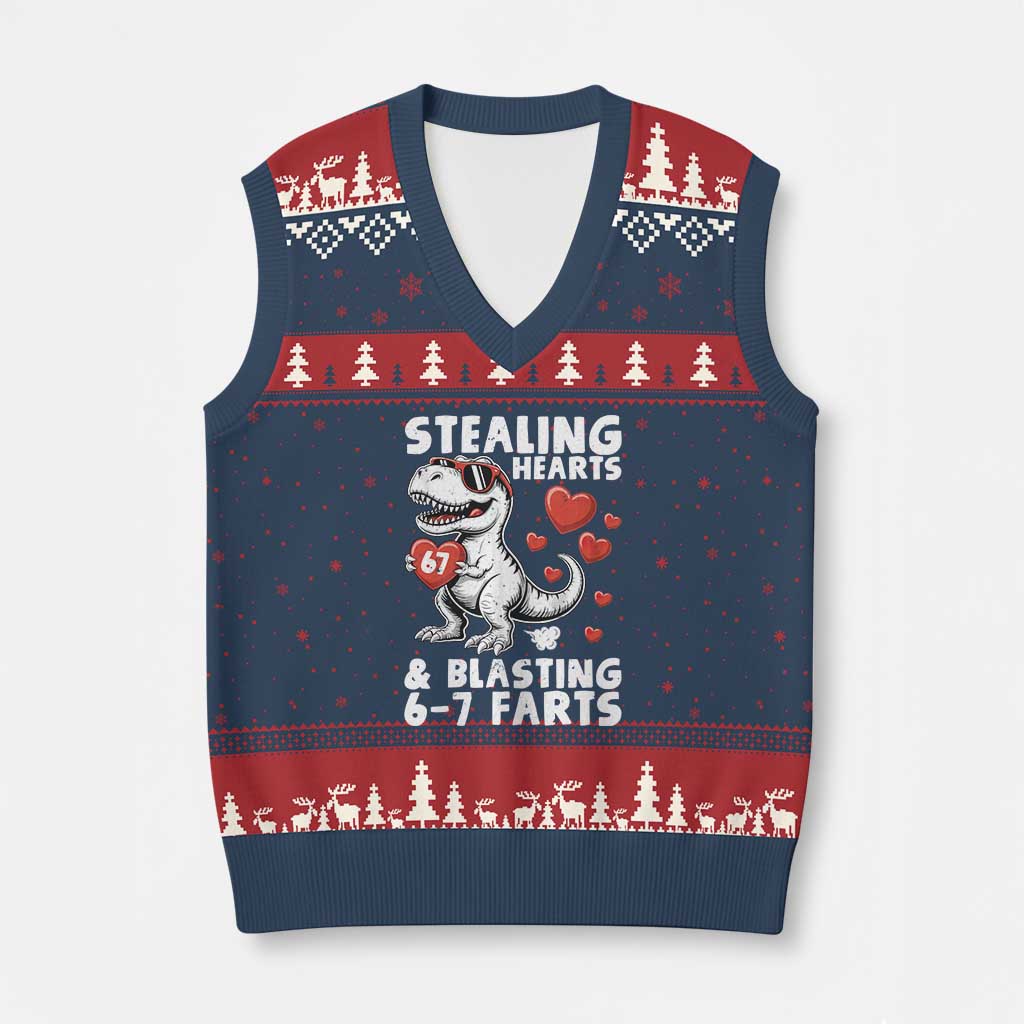 Funny 67 Meme Valentines Day Dinosaur V-Neck Knit Sweater Vest Stealing Hearts And Blasting 67 Farts TS11 Navy Red Print Your Wear