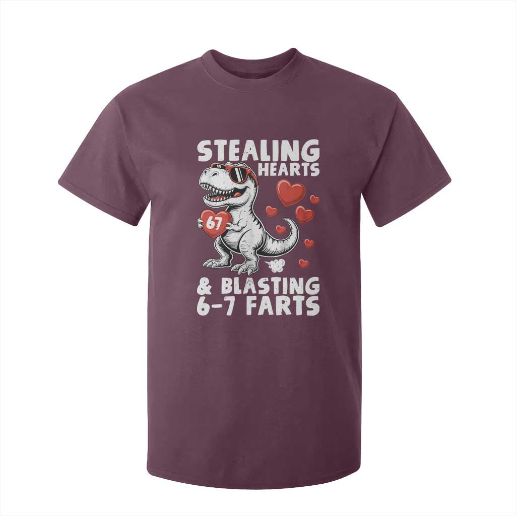 Funny 67 Meme Valentines Day Dinosaur T Shirt For Kid Stealing Hearts And Blasting 67 Farts TS11 Maroon Print Your Wear