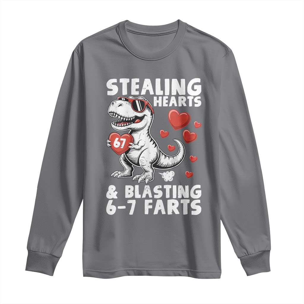 Funny 67 Meme Valentines Day Dinosaur Long Sleeve Shirt Stealing Hearts And Blasting 67 Farts TS11 Charcoal Print Your Wear