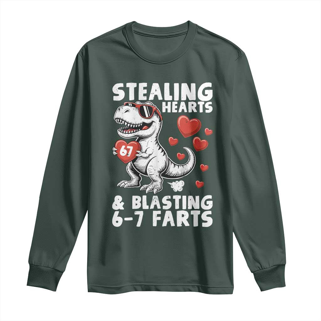 Funny 67 Meme Valentines Day Dinosaur Long Sleeve Shirt Stealing Hearts And Blasting 67 Farts TS11 Dark Forest Green Print Your Wear
