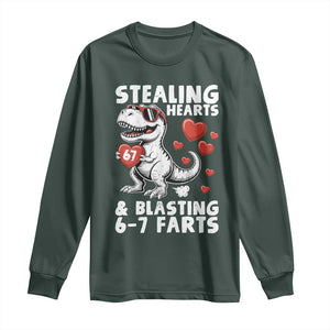 Funny 67 Meme Valentines Day Dinosaur Long Sleeve Shirt Stealing Hearts And Blasting 67 Farts TS11 Dark Forest Green Print Your Wear