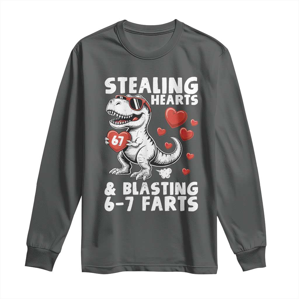 Funny 67 Meme Valentines Day Dinosaur Long Sleeve Shirt Stealing Hearts And Blasting 67 Farts TS11 Dark Heather Print Your Wear