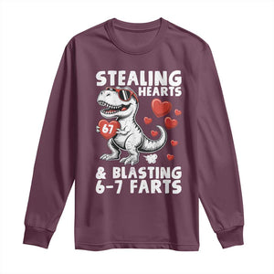 Funny 67 Meme Valentines Day Dinosaur Long Sleeve Shirt Stealing Hearts And Blasting 67 Farts TS11 Maroon Print Your Wear