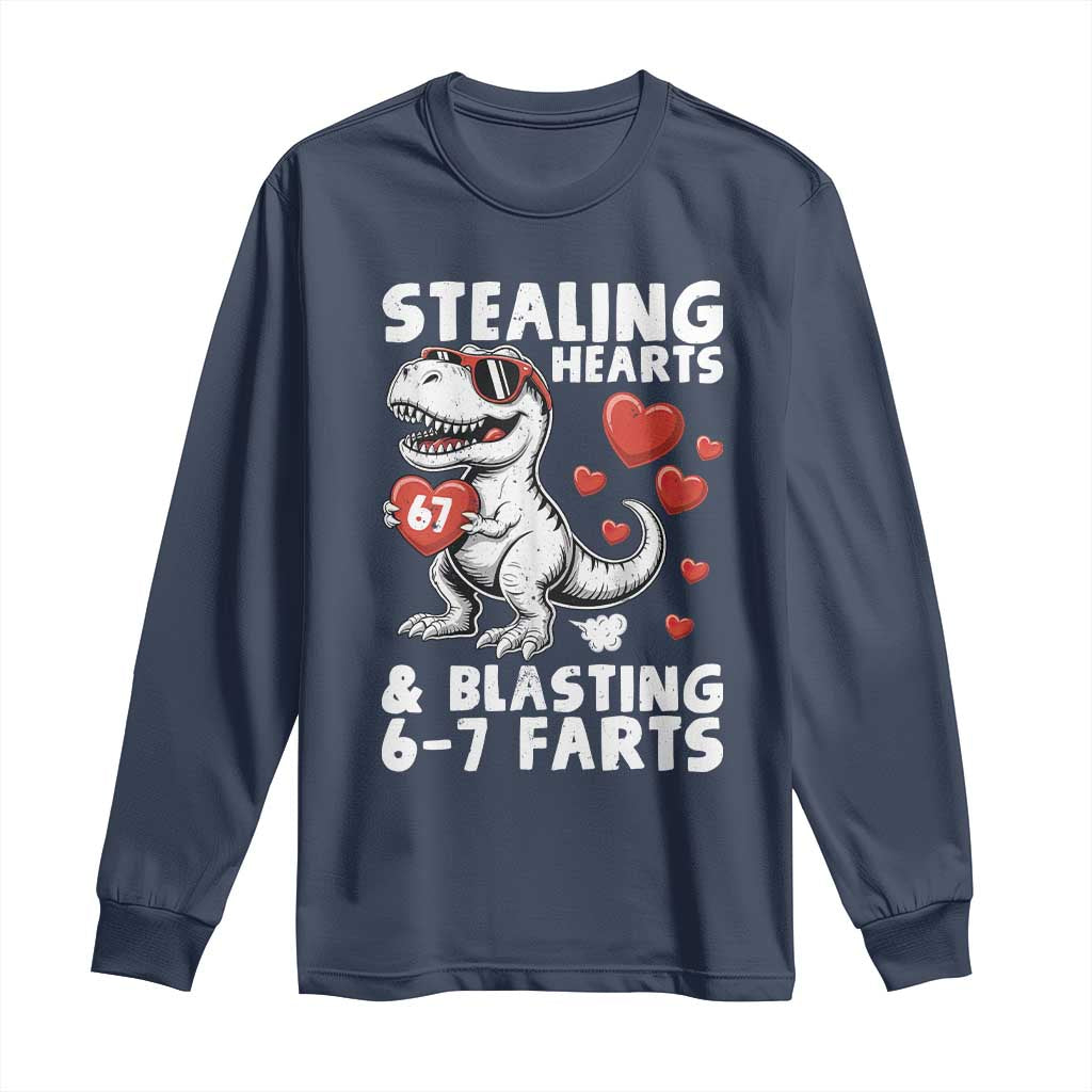 Funny 67 Meme Valentines Day Dinosaur Long Sleeve Shirt Stealing Hearts And Blasting 67 Farts TS11 Navy Print Your Wear