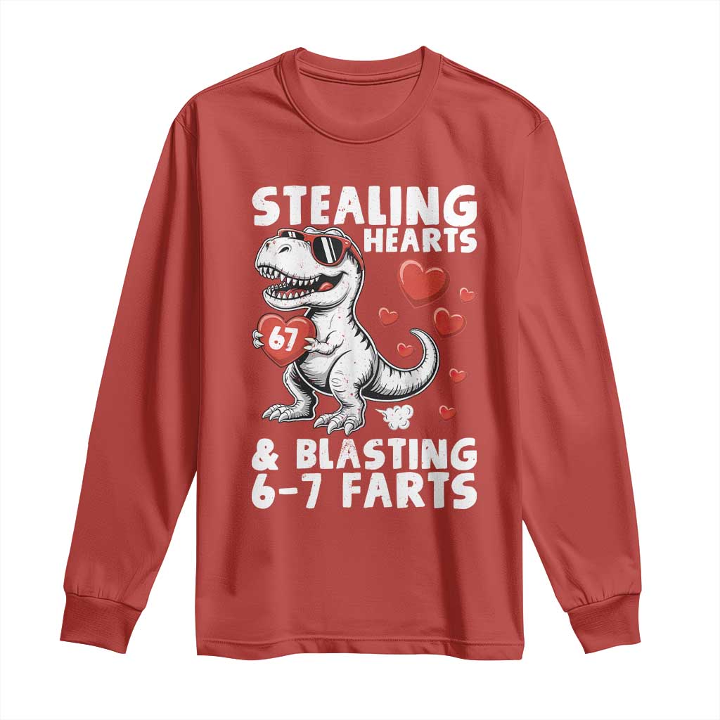 Funny 67 Meme Valentines Day Dinosaur Long Sleeve Shirt Stealing Hearts And Blasting 67 Farts TS11 Red Print Your Wear