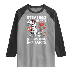 Funny 67 Meme Valentines Day Dinosaur Raglan Shirt Stealing Hearts And Blasting 67 Farts TS11 Sport Gray Black Print Your Wear