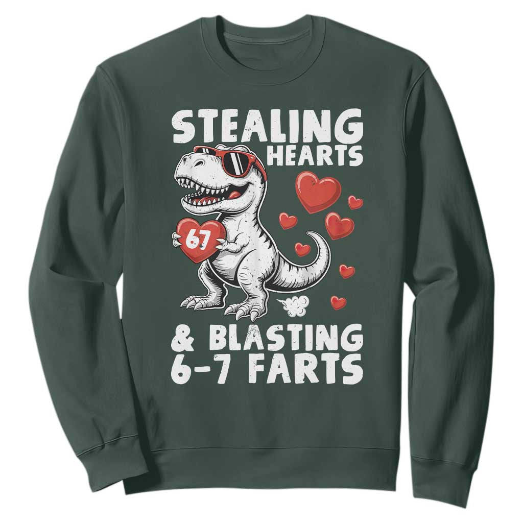 Funny 67 Meme Valentines Day Dinosaur Sweatshirt Stealing Hearts And Blasting 67 Farts TS11 Dark Forest Green Print Your Wear