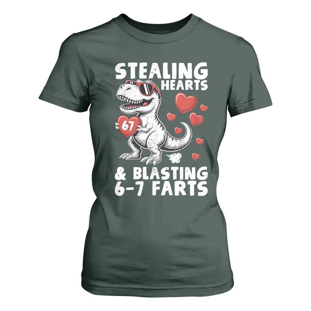 Funny 67 Meme Valentines Day Dinosaur T Shirt For Women Stealing Hearts And Blasting 67 Farts TS11 Dark Forest Green Print Your Wear