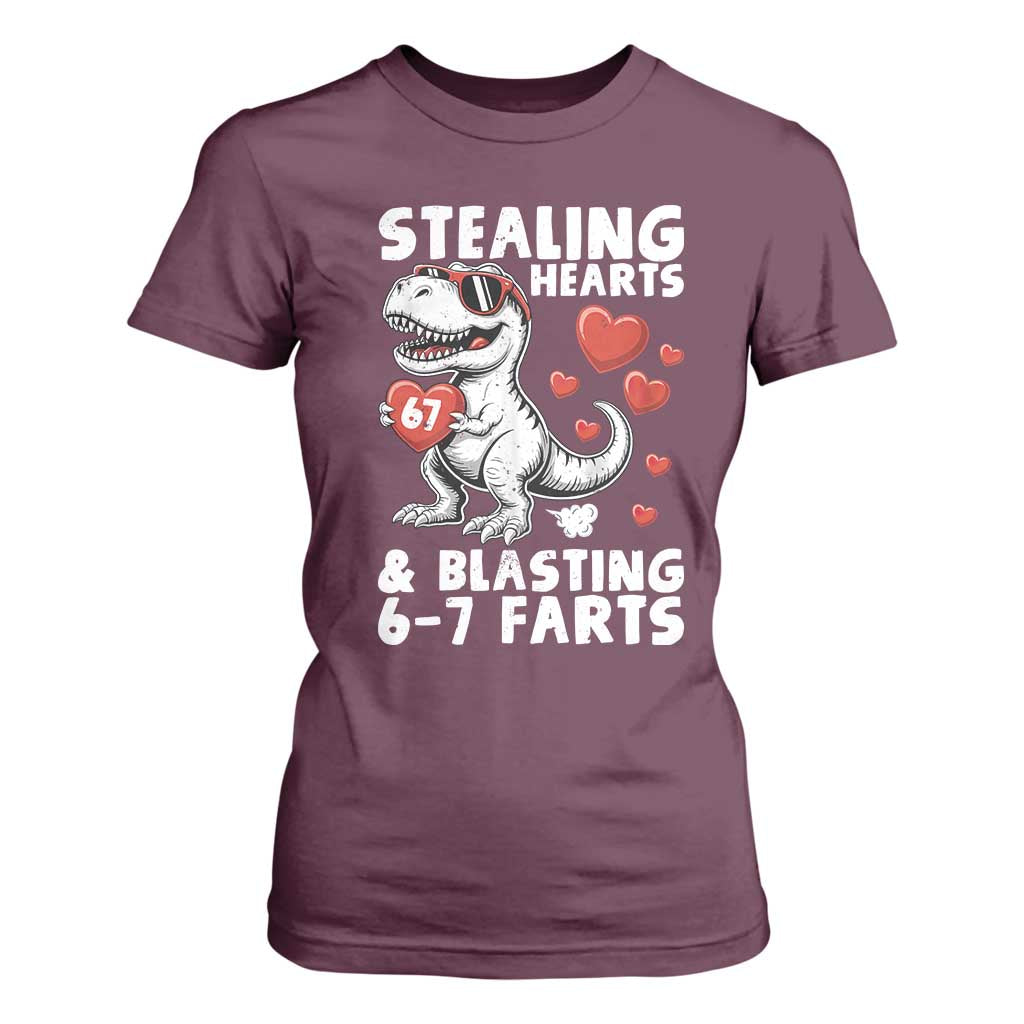 Funny 67 Meme Valentines Day Dinosaur T Shirt For Women Stealing Hearts And Blasting 67 Farts TS11 Maroon Print Your Wear