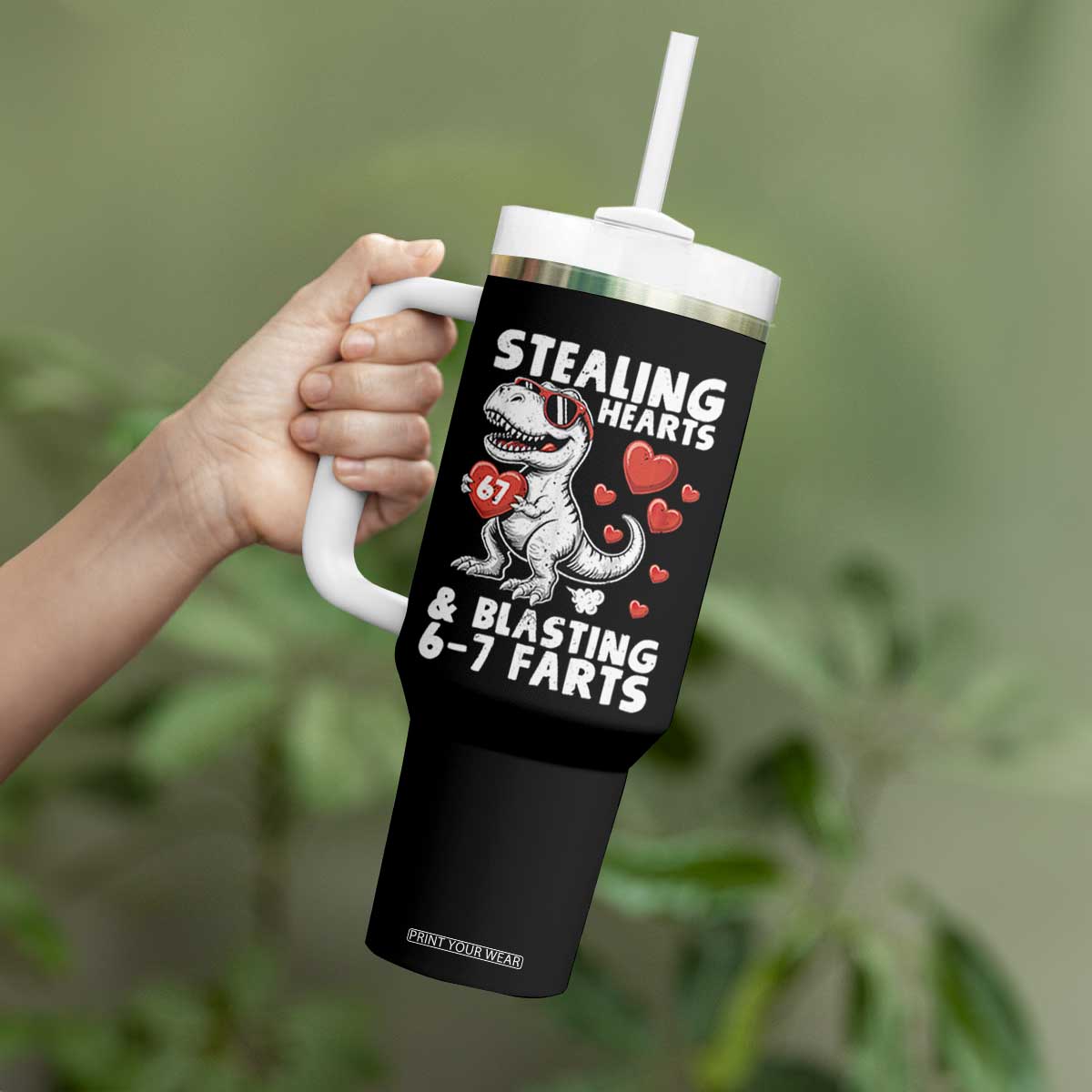 Funny 67 Meme Valentines Day Dinosaur Tumbler With Handle Stealing Hearts And Blasting 67 Farts TS11 Print Your Wear