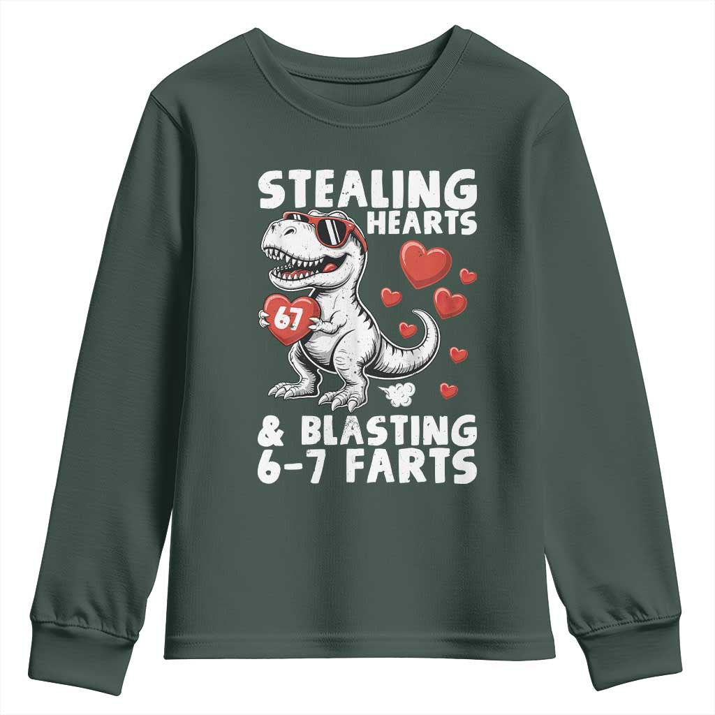 Funny 67 Meme Valentines Day Dinosaur Youth Sweatshirt Stealing Hearts And Blasting 67 Farts TS11 Dark Forest Green Print Your Wear