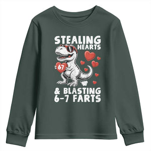 Funny 67 Meme Valentines Day Dinosaur Youth Sweatshirt Stealing Hearts And Blasting 67 Farts TS11 Dark Forest Green Print Your Wear