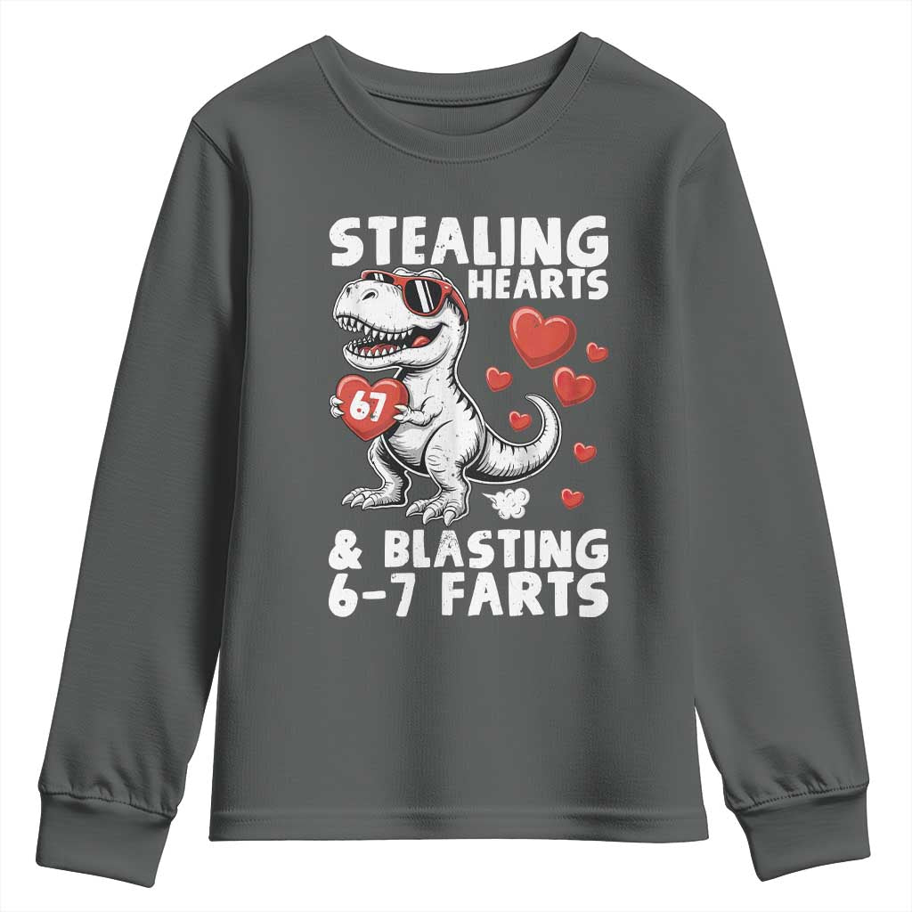 Funny 67 Meme Valentines Day Dinosaur Youth Sweatshirt Stealing Hearts And Blasting 67 Farts TS11 Dark Heather Print Your Wear