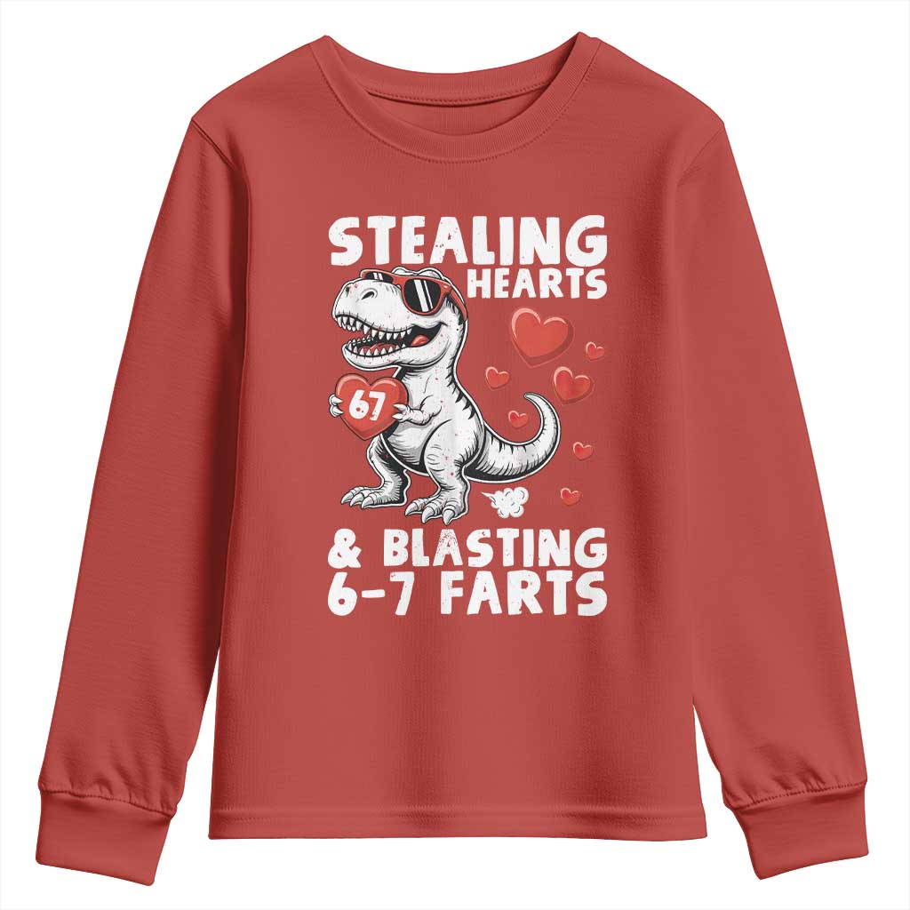 Funny 67 Meme Valentines Day Dinosaur Youth Sweatshirt Stealing Hearts And Blasting 67 Farts TS11 Red Print Your Wear